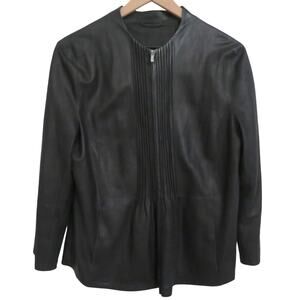 Armani Collezioni Womens Sz 10 Black 100% Goat Leather Jacket Pleated Zip Front